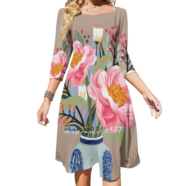 Ilustración de jarrón Vestido de cuello cuadrado Nuevo vestido elegante de talla grande para mujer Vestido ceñido a la cintura Florero de flores