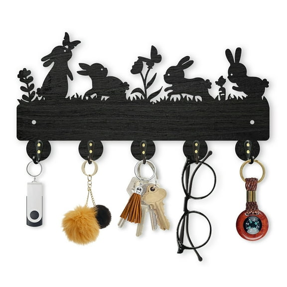 1 set Wood & Iron Wall Mounted Hook Hangers Decorative Organizer Rack with 2pcs Screws 5 Hooks for bag Clothes Key Scarf Hanging Holder Rabbit 153x300x7mm