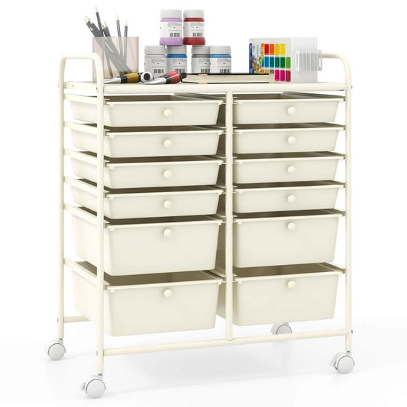 Costway 12-Drawer Rolling Storage Cart with 2 Sizes Plastic Drawers White