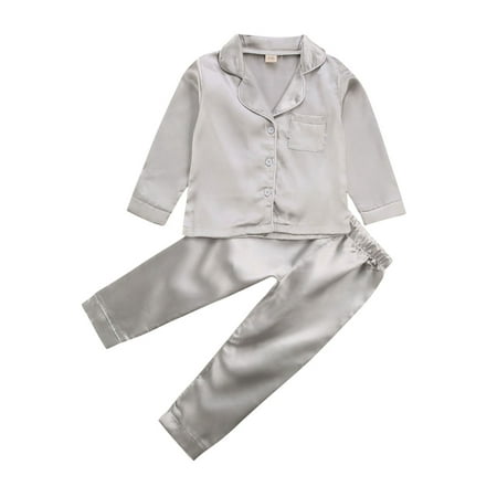 

ZIYIXIN Childrens Baby Boy Girl Silk Satin Pyjamas PJS Set Kids Long Sleeve Sleepwear Nightwear Gray 4-5 Years