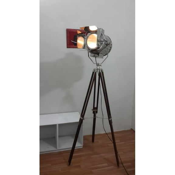 Vintage Spotlight Searchlight Focus Lamp Corner Light with Brown tripod Floor