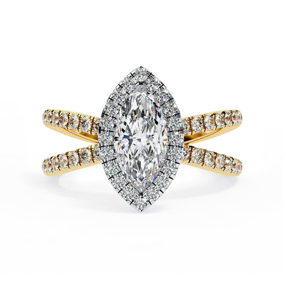 AFFY Halo Solitaire Engagement Ring for Women, Center 10x5mm Marquise Cut Split Shank Wedding Anniversary Rings in 14K Yellow Gold over Sterling Silver Jewelry Gift for Her, Ring Size-9