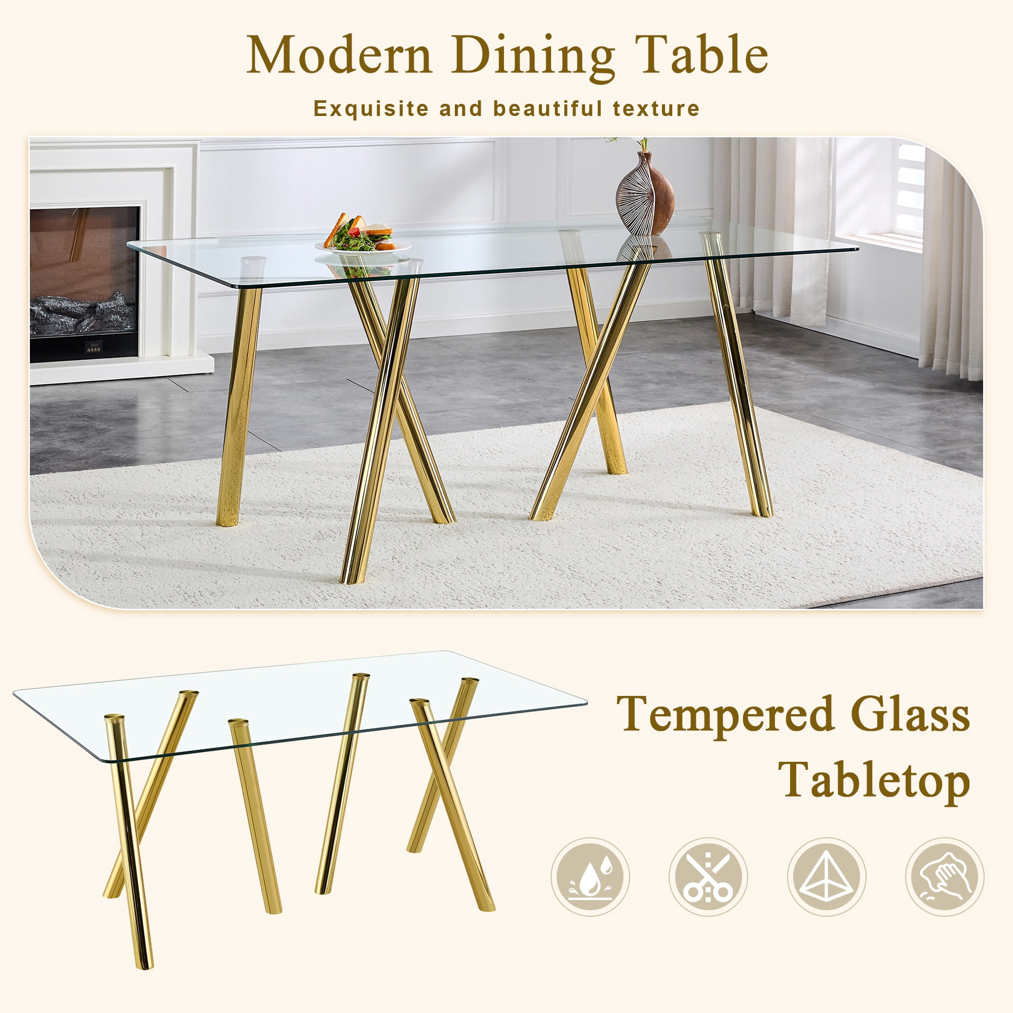 Alvantor 71" Tempered Glass Dining Table with Gold Metal Legs