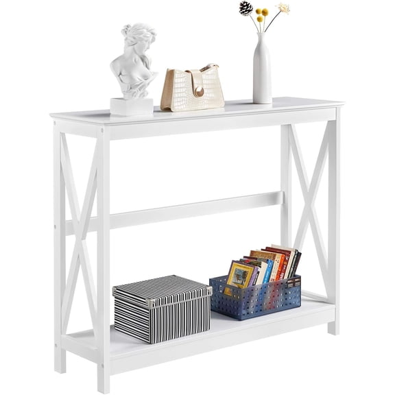 Wood Entryway Table, Console Table for Entryway, 2-Tier Sofa Table Accent Table w/Storage Shelf for Living Room, Hall, Foyer, White