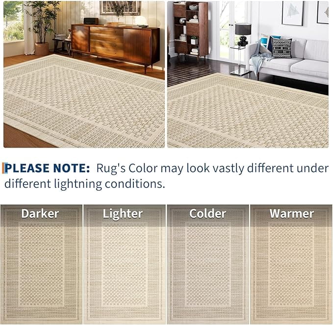 Washable Living Room Rug 5x7 Checkered Waffle Print Area Rug Non Slip Carpet Soft Non Shedding Low Pile Thin Stain Resistant Throw Rugs for Dining Room Office