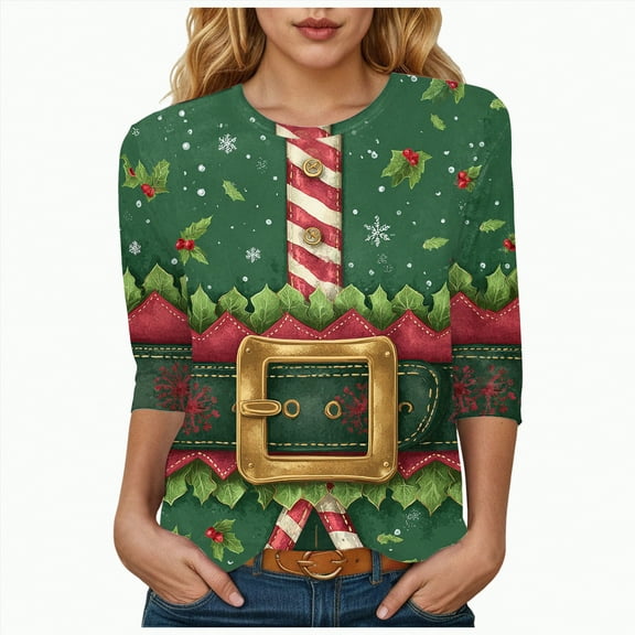 UngA 3/4 Length Sleeve Womens Tops Crew Neck Christmas T-Shirts Merry Christmas Tree Graphic Tee Tops Christmas Shirts Women,Size XXXL