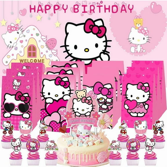 Hello Kitty Goodie Bags Treat Candy Decorations Party Favor Supplies Birthday Cake Topper Backdrop Banner