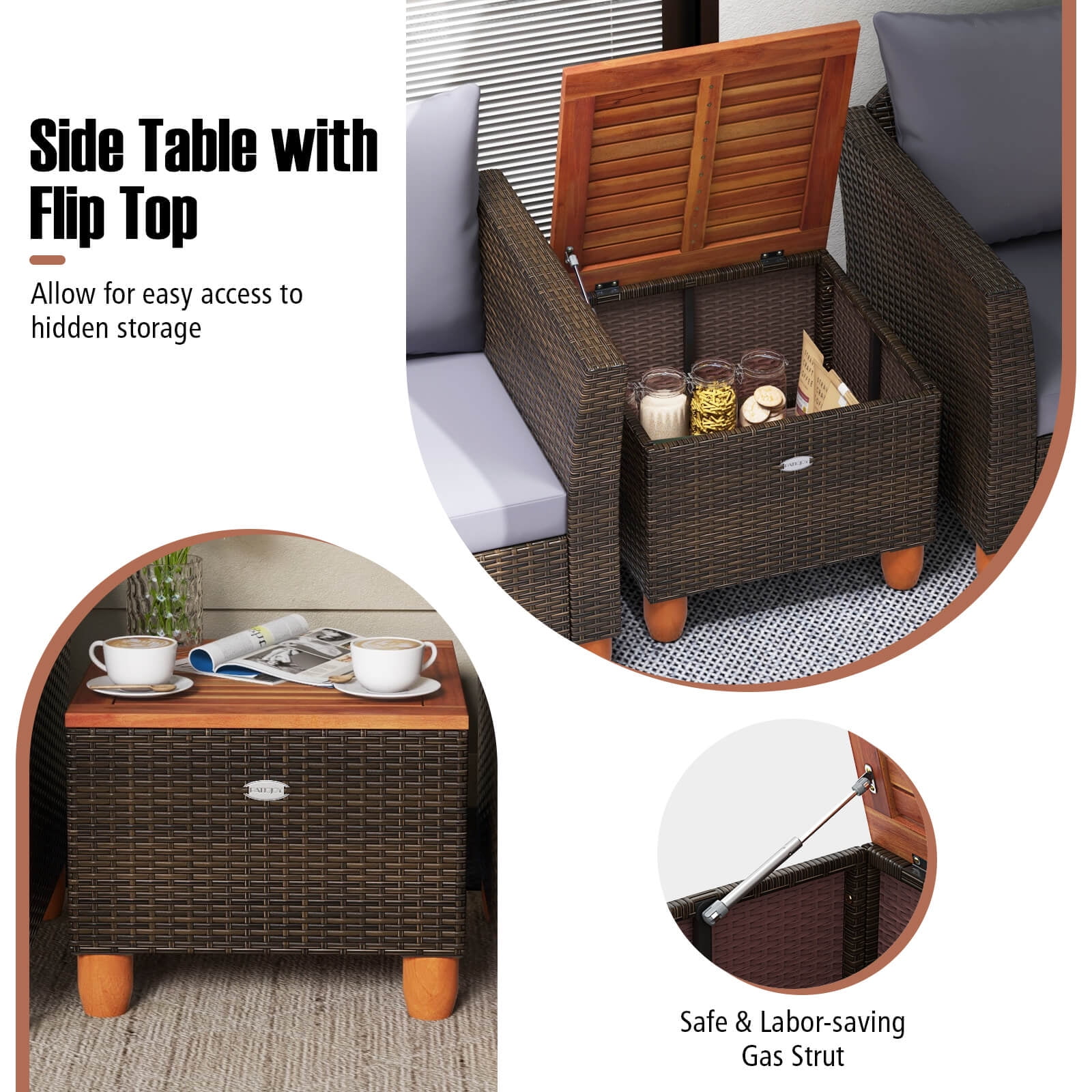 Costway 3 PCS Outdoor Patio Rattan Bistro Furniture Set Wooden Table Top Cushioned Sofa Gray