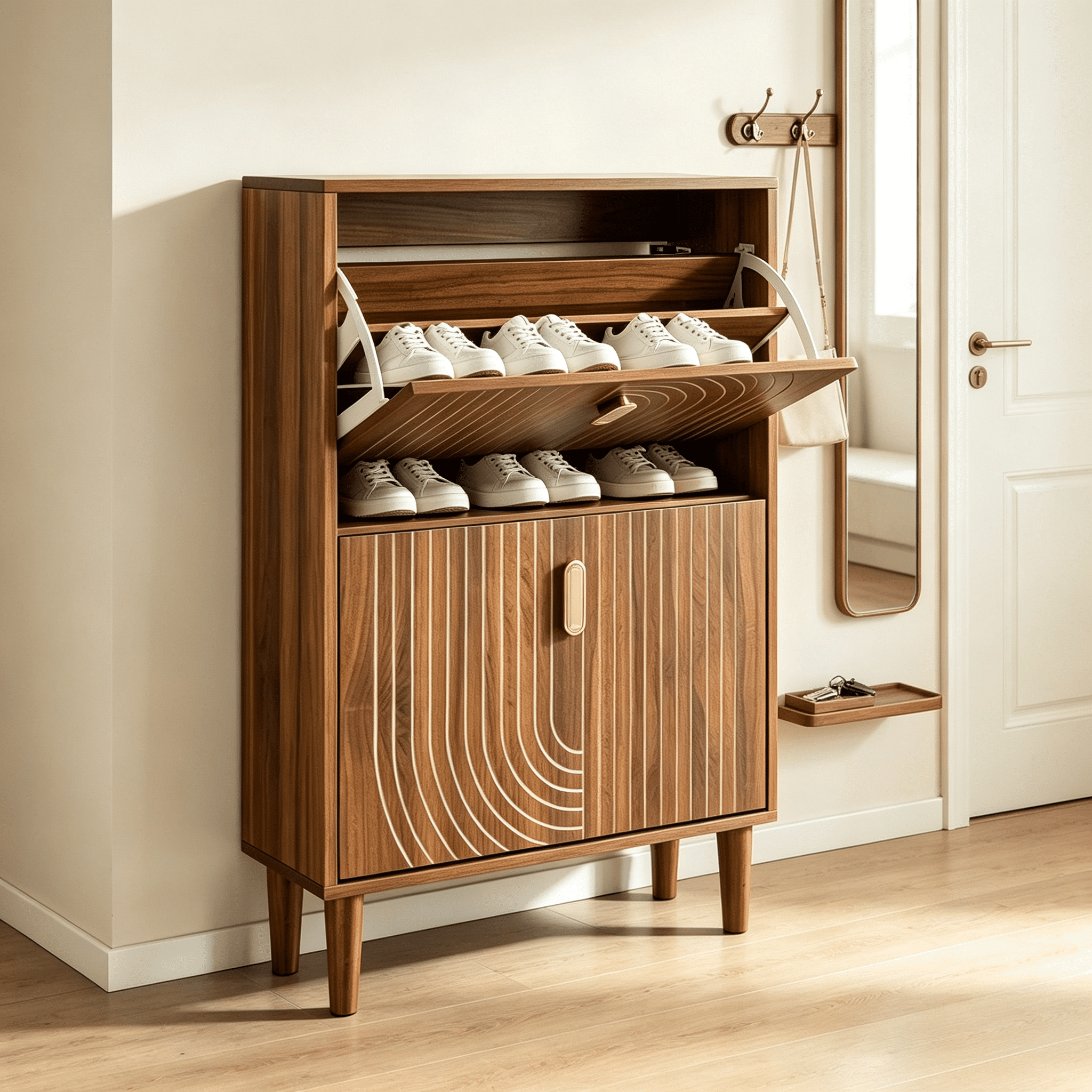 Shoe Storage Cabinet with 2 Flip Drawers, Free Standing Shoe Cabinet with Metal Handles for Entryway,Shoe Rack Cabinet with Line Groove Design, 23.6"W