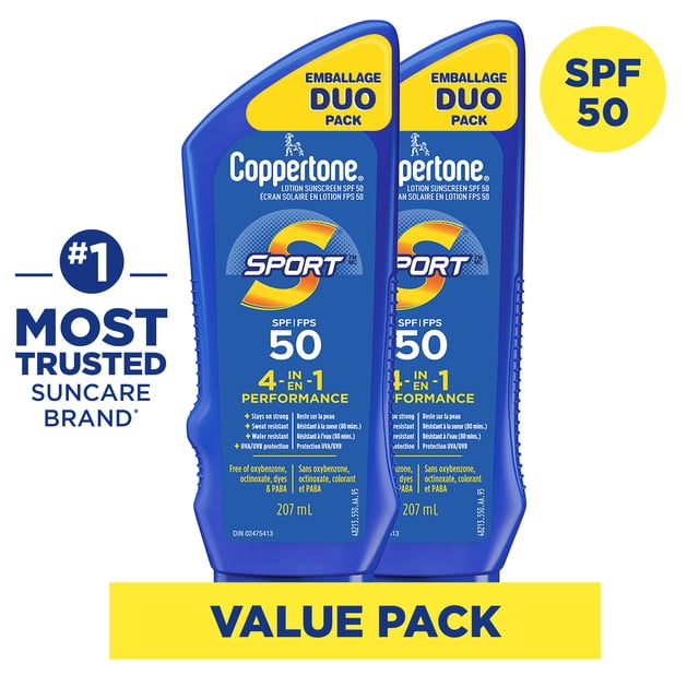 Coppertone Sport Sunscreen Lotion SPF 50 Duo Pack, 4-in-1 Performance, Sweat and Water Resistant Face and Body Sunscreen, 2 x 207mL