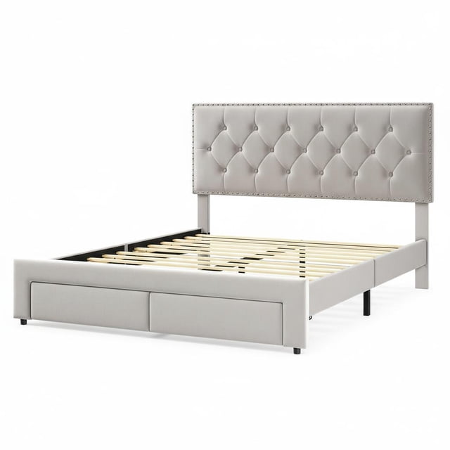 Vintage Upholstered Platform Bed Frame with Storage Drawers - Button Tufted Wingback Headboard, Noise-Free, No Box Spring Required