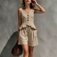 thumbnail image 4 of Outfits Linen Vest Waistcoat Dressy Casual Sets Women's Stripe Solid Casual Sleeveless Ruffle Vests Tops And Wide-Leg Pants With Pockets Suit Set Khaki L, 4 of 7