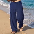 thumbnail image 6 of Men's Cotton Linen Beach Pants Relaxed Fit Hiking Pants Button Lightweight Stretch Cargo Work Pants with Multi Pocket, 6 of 9