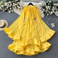 thumbnail image 1 of Robes Irrégulières à Volants pour Femmes Col en V Manches Cape Taille Haute Lacets Robe Ample Été Femme, 1 of 10