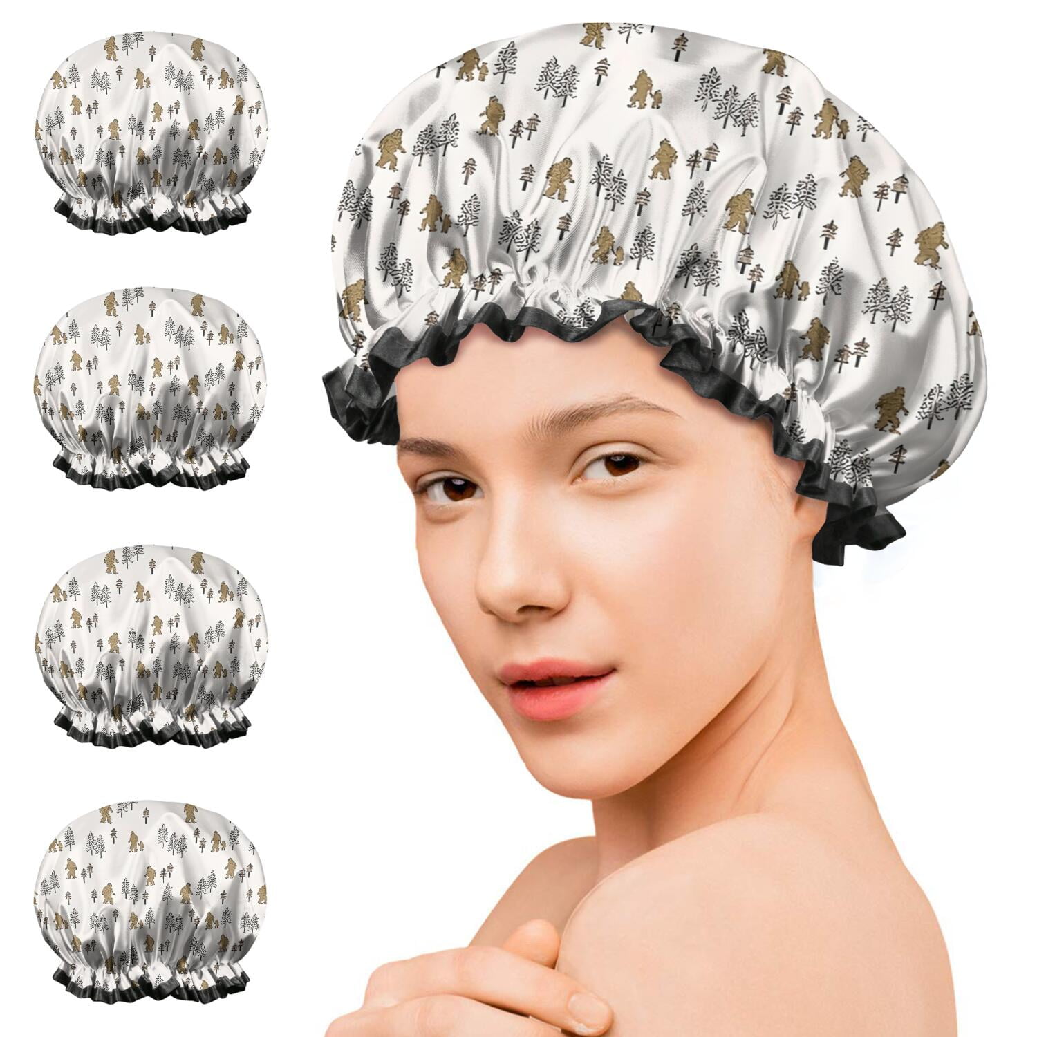 Shower Caps,White Bigfoot and Tree Pattern Waterproof Shower Cap for Women 4 Pieces,Double Reusable Hair Cover for Shower PEVA Elastic Stretch Hem