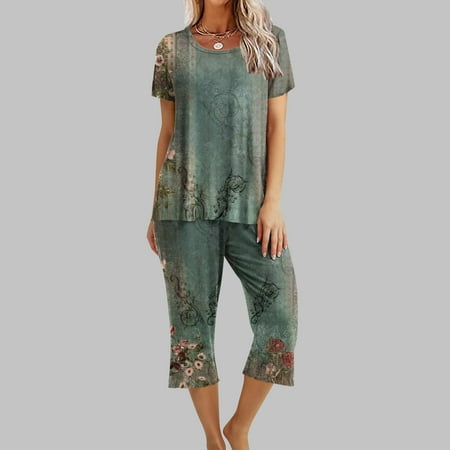 

Summer Savings Clearance! Edvintorg Summer 2 Piece Outfit Women s Printing Round Neck Short Sleeve Sleepshirt And Pants Sets Loungewear Pajamas With Pockets Army Green M