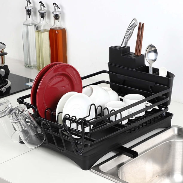 Soporte para utensilios de cocina, soporte para tazas de fregadero a prueba de herrumbre, soporte para platos y cubiertos que ahorra espacio, soporte , Negro Macarena Soporte para cubiertos