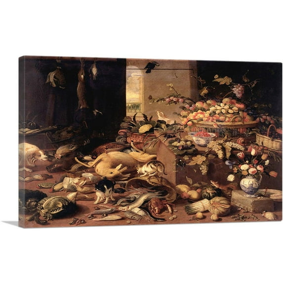 ARTCANVAS Still Life Interior With Game Fish Fruit Flowers Cats And Dogs 1645 Canvas Art Print by Jan Van Kessel Younger - Size: 18" x 12" (1.50" Deep)