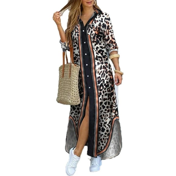 Tralilbee Nouvelle Robe à Manches Longues Imprimée Mode Moderne Motif Robe Cowgirl Longue avec Poche Chemise à Boutons Décontractée Ample Grande Taille Robe pour Femme