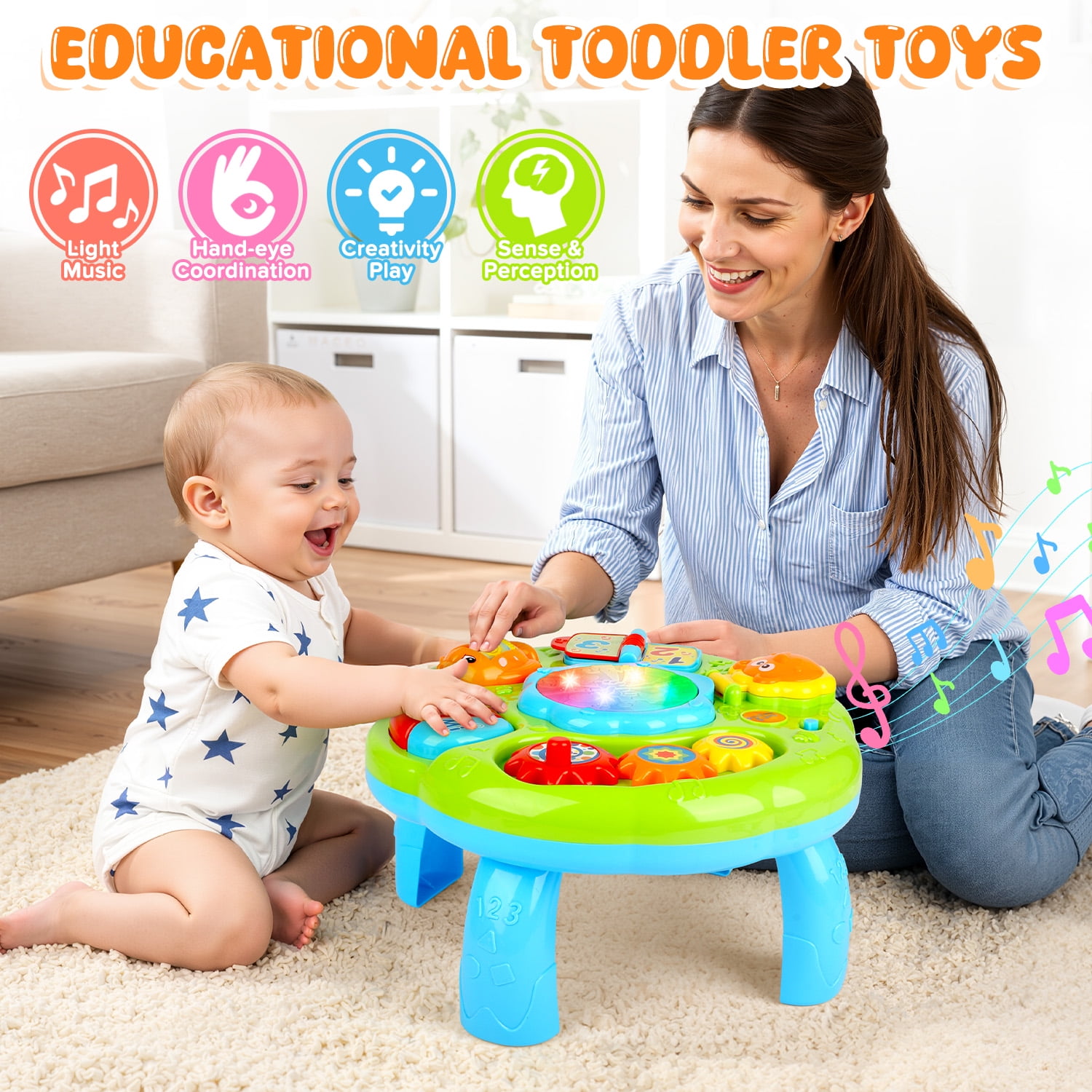 Carsky Baby Musical Activity Table, Light & Sound Learning Drum Toy with Piano, Flip Book & Animal Mirror, Multifunction Toddler Play Center for 6-24 Months Boys Girls Birthday ChristmasToy Gifts