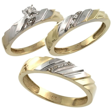 Cut Diamond Ring Band - 10k Gold 3-Pc. Trio His (5mm) & Hers (4mm) Diamond Wedding Ring Band Set, w/ 0.075 Carat Brilliant Cut Diamonds (Ladies' Sizes 5-10; Men's Sizes 8 to 14)
