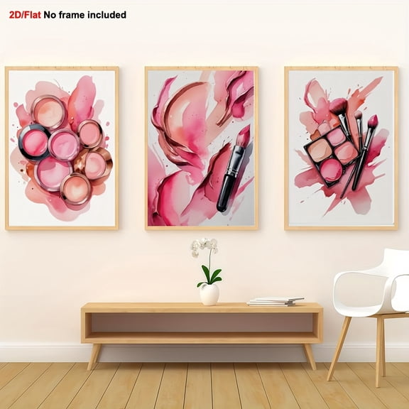 3pcs Frameless Decorative Canvas Prints, 2D Flat Wall Art, Girl's Room Abstract Makeup Posters, Pink Bedroom Décor for Her Gift, 2D Flat, Perfect for Room Decor, Art Wall Cute Teen, Wall Art Teen Gi