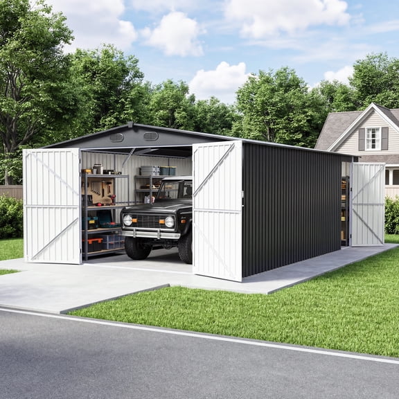157" W x 239" D Large Metal Storage Shed Garage, Heavy Duty Galvanized Steel Outdoor Storage Building with Double Doors & Side Door Shed for Car, Truck, Equipment & Garden Tools