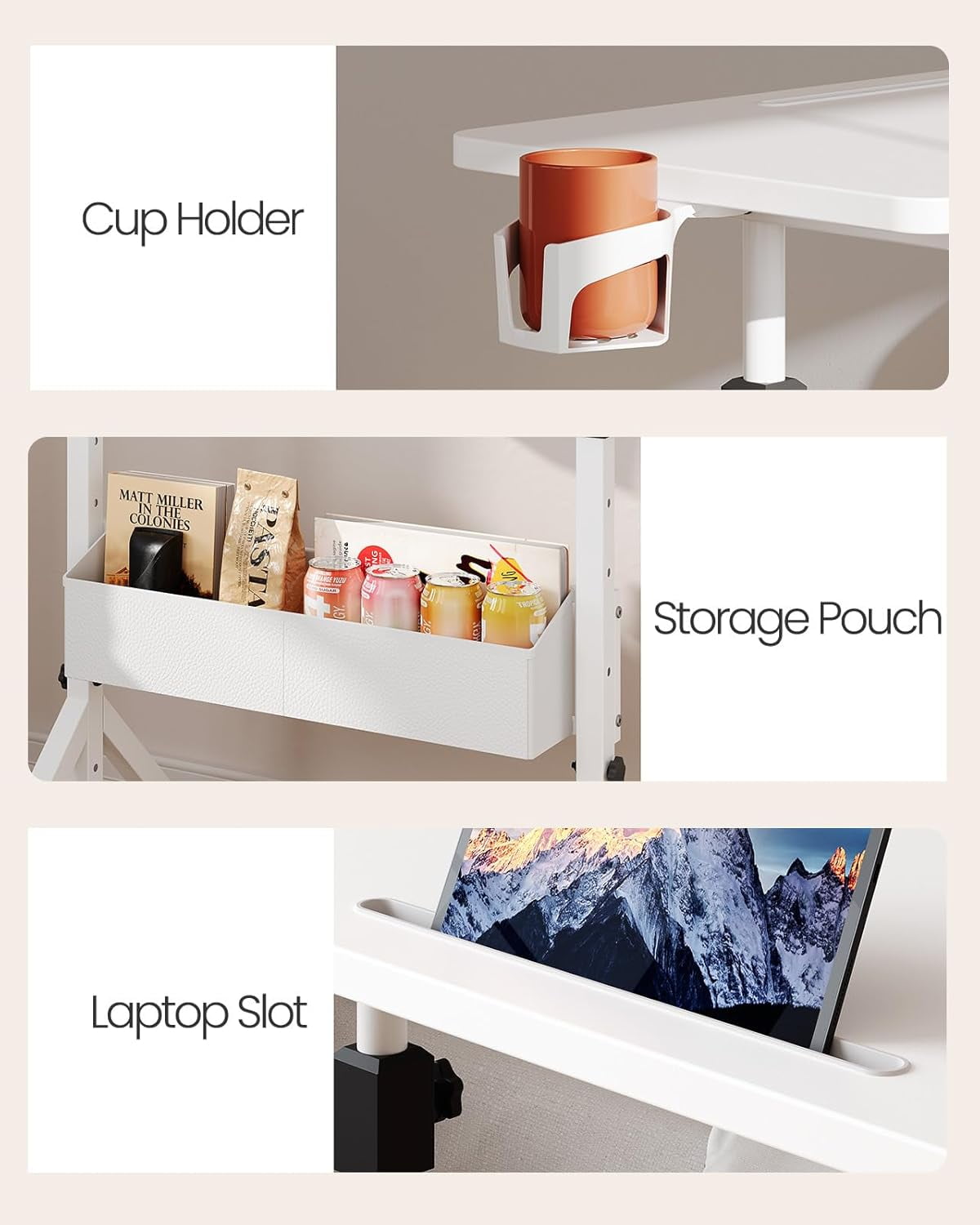 CHITOOMA Mobile Standing Desk with Cup Holder, 6 Level Height-Adjustable Computer Desk with Laptop Slot for Office, White
