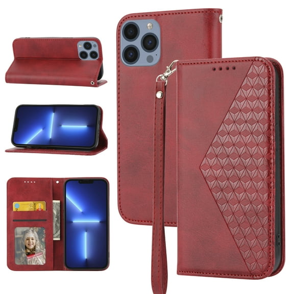Feishell Compatible with Apple iPhone 14 Pro Max Slim Wallet Case with ID Credit Card Slots & Wrist Strap,Shockproof PU Leather Magnetic Closure Folio Flip Kickstand Protective Phone Cover,Red