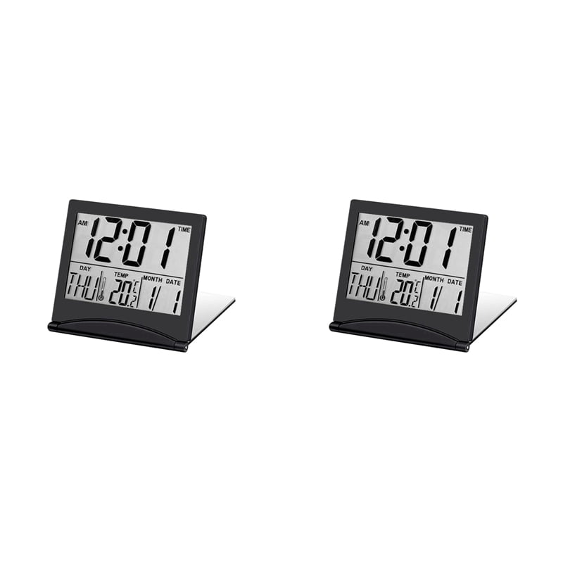 2-Pack Compact Folding Digital Alarm Clock with Date and Temperature - Black 8.8 x 7.8 cm