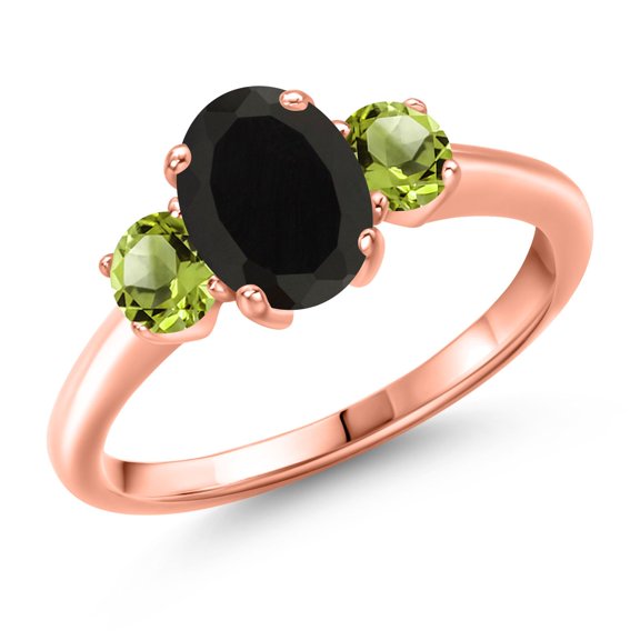 Gem Stone King 2.20 Ct Oval Black Onyx Green Peridot 18K Rose Gold Plated Silver Ring (Size 9)