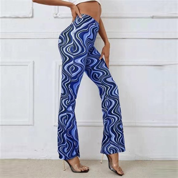 Babysbule Womens Pants Women's Summer Casual Running Athletic High Waist Water Ripples Printed Yoga Pants Boot Cut Long Pants