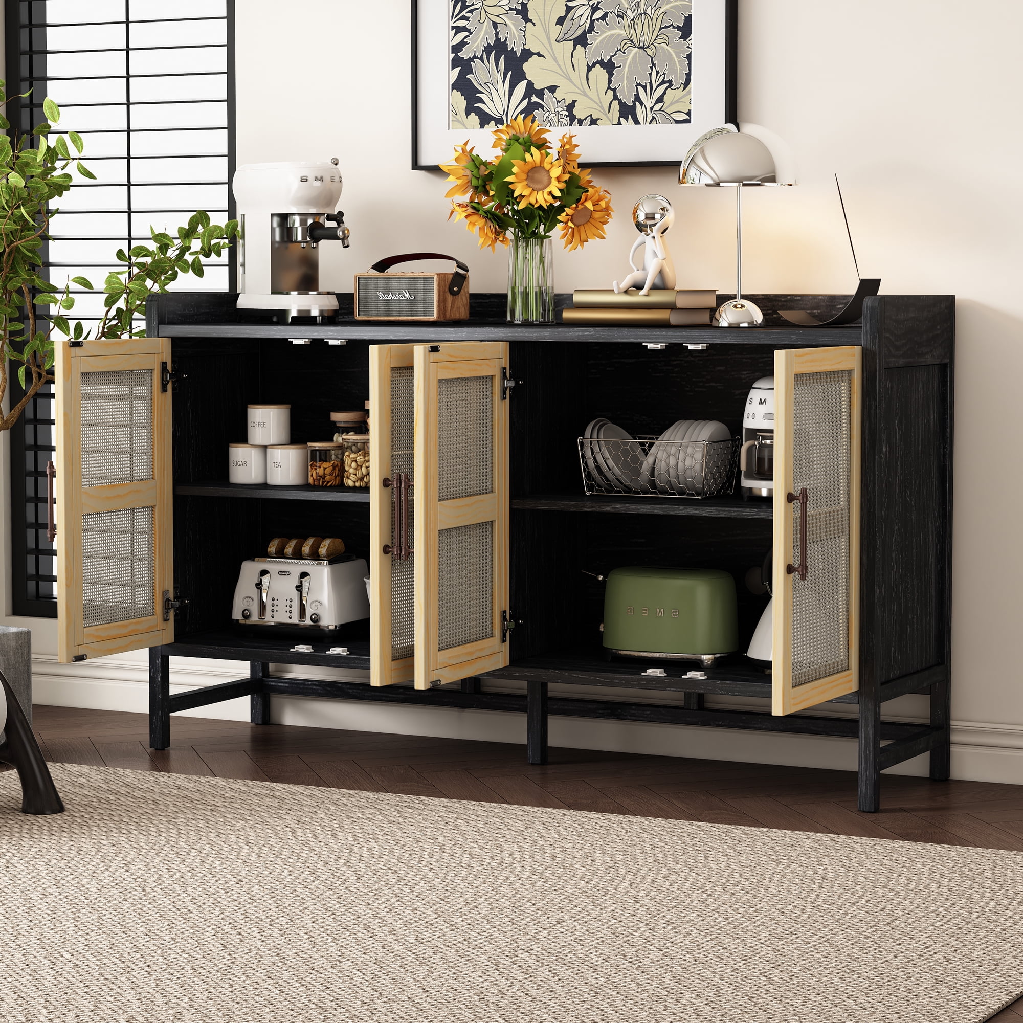 MAYEERTY Rustic Sideboard Cabinet with Rattan Doors, Buffet Cabinet with Storage for Dining Room & Living Room, Black+Natural