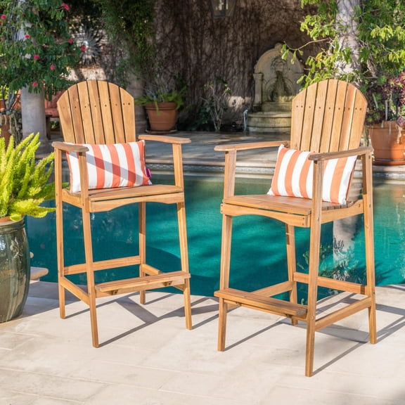 Carla Outdoor Acacia Wood Adirondack Barstools, Set of 2, Natural Stained