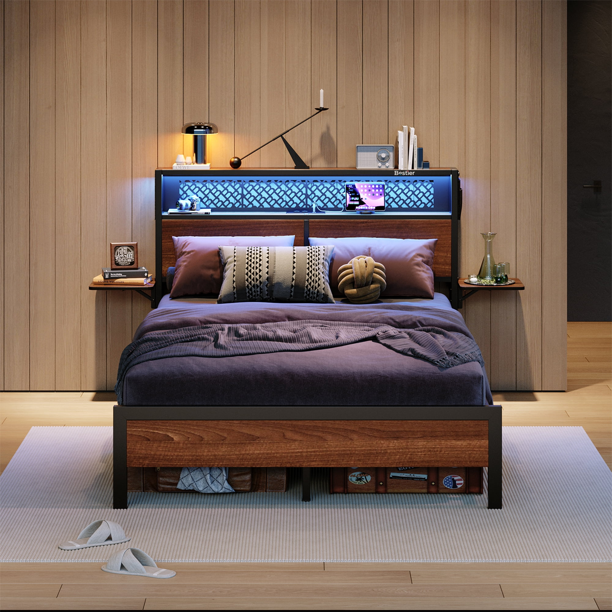 Bestier Full Size Platform Bed Frame with Wood Foldable Bedside Shelves and LED Storage Headboard Charge Station, Walnut
