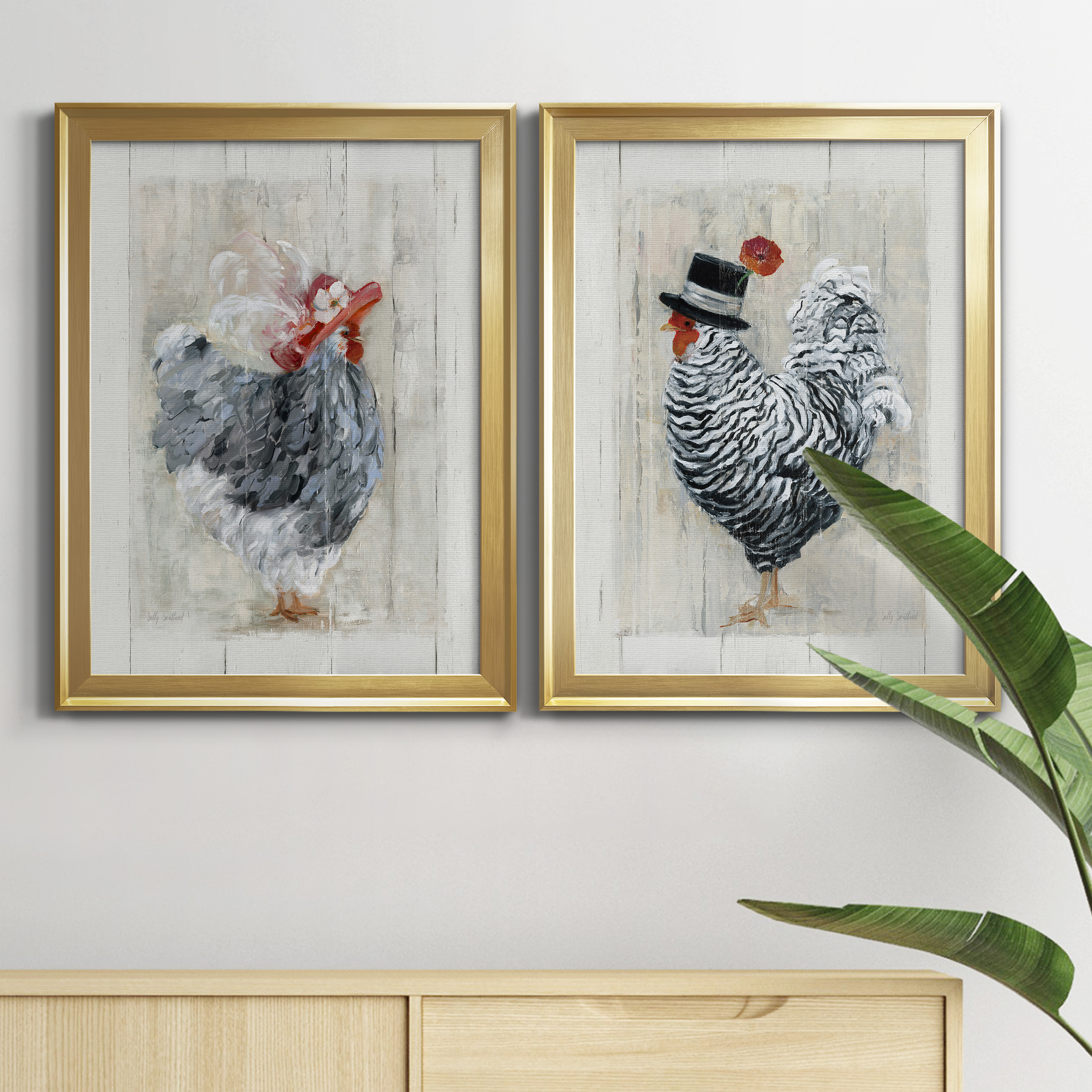 2 Piece Set Sunday Best Hen Premium Framed Canvas - Ready to Hang - 18.5 x 24.5 Each - Gold Frame