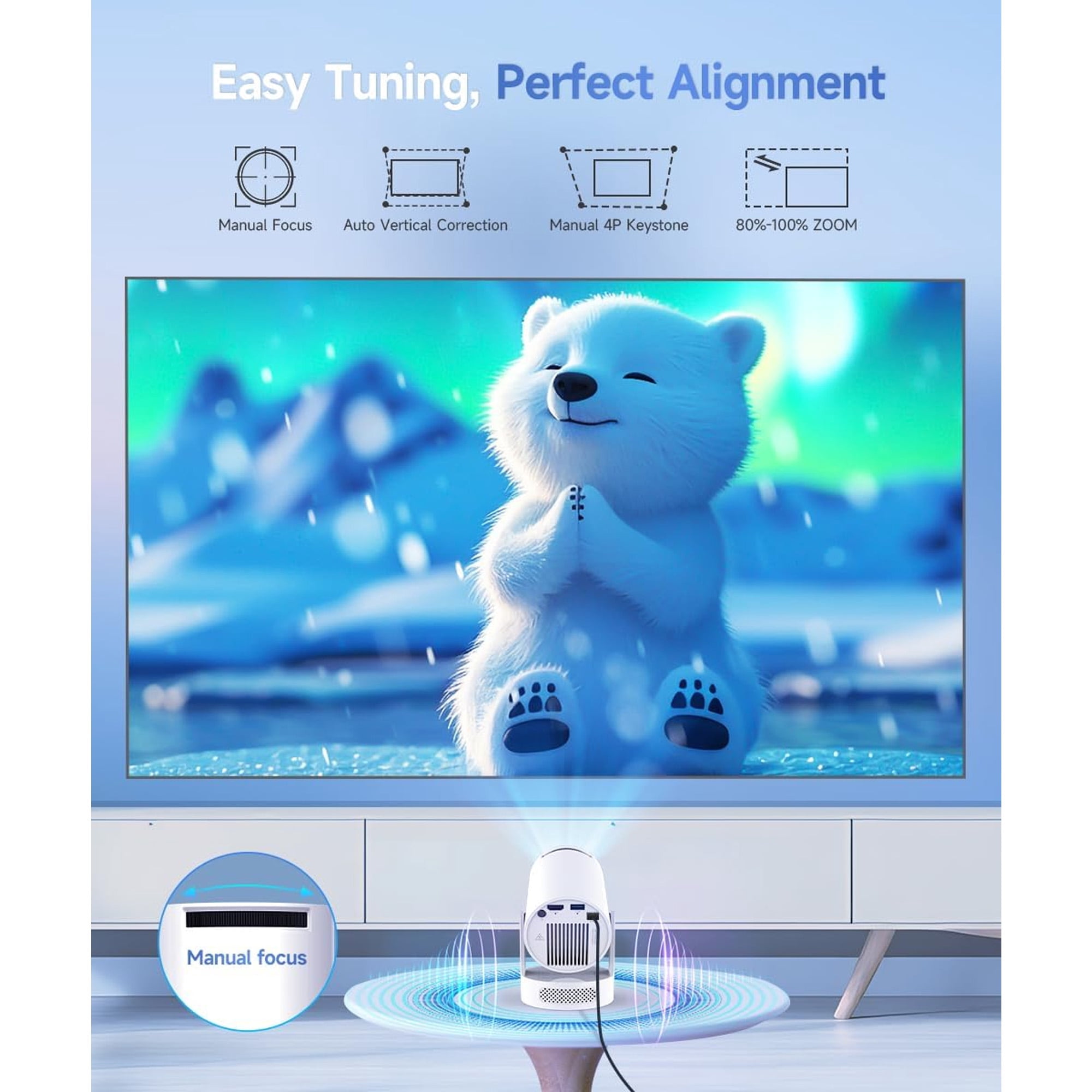 GUQDZOF Mini Projector 4K Support, Portable Smart Projector with WiFi 6 and Bluetooth 5.4, 5w Soundbase Speaker, Auto Keystone 180° Rotatable, 8000 Lumens, Home Bedroom Movie Proyector HY300Pro+