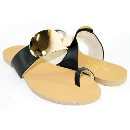 

Women Fashion Toe Ring Single Strap Sandals With Golden Shiny Plate Black