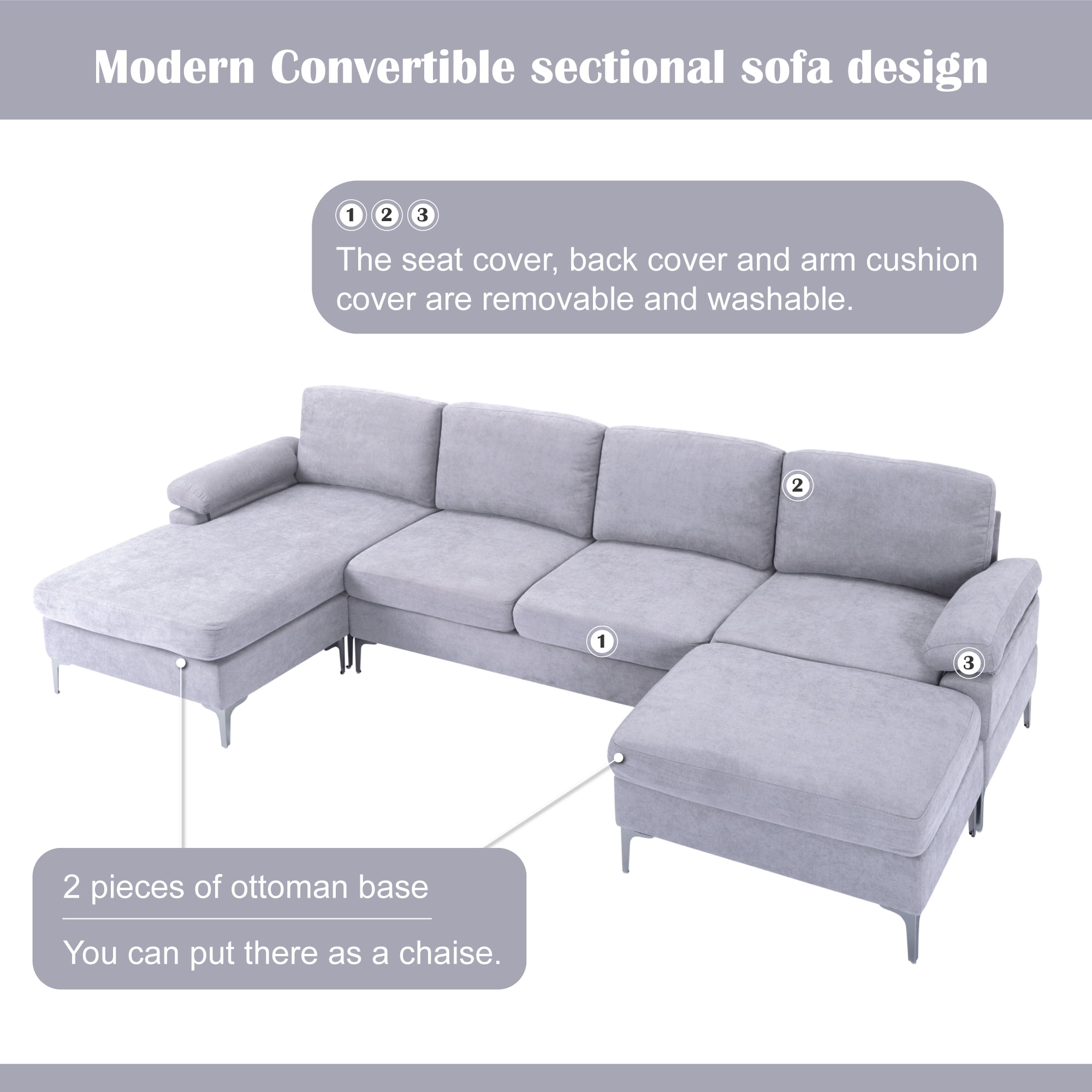 Oversized U-Shaped Sectional Sofa Couch,Convertible Modular Sofa,Upholstered Sleeper Sofa Couches with Reversible Chaise Lounge and Movable Ottomans for Living Room,Light gray