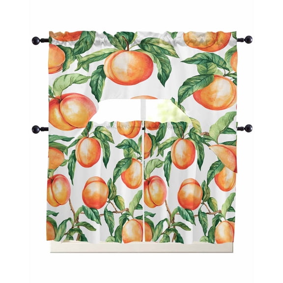Summer Peach Kitchen Curtains Sets 36 Inch Length with Valance, Pink Orange Fruits Botanical Green Swag Valances and Tiers Curtain Set Drapes Swag Curtains for Living Room, Bathroom, Bedroom, Cafe