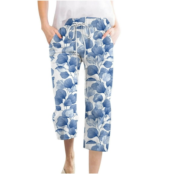 LEBONYARD Sweatpants for Women Wide Leg,Women Casual Pants Straight Leg Retro Leaf Pants Drawstring Elastic Waist Loose Comfy Trousers with Pockets Blue S