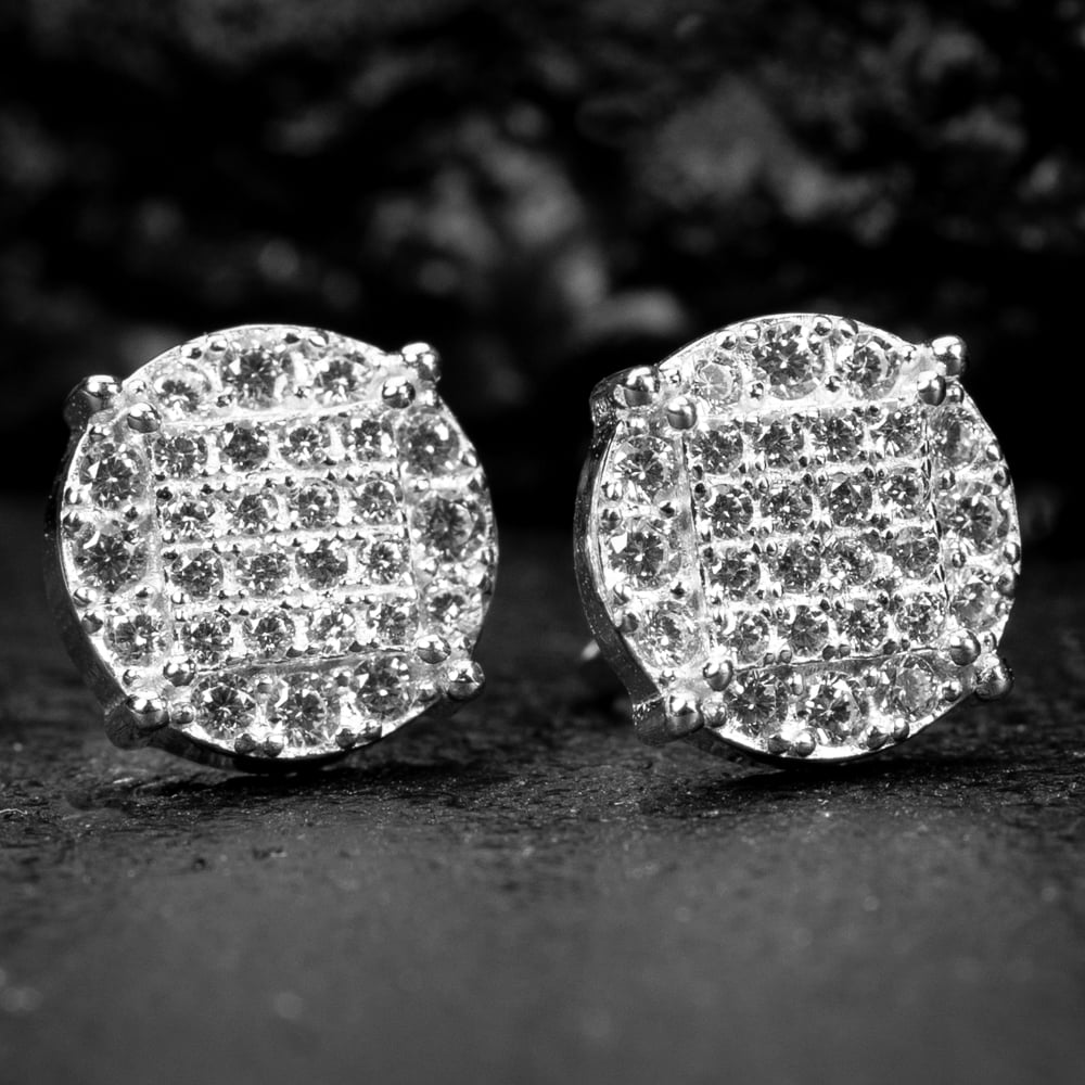 Men's Round Micro Pave Set White Gold Plated Sterling Silver Stud Screw Back Earrings