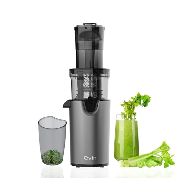 Qvin Compact Slow Masticating Juicer machines 3inch Big Wide Chute, Easy to Clean, BPA Free, Nutritional electrical Cold Press Juicer machine with Brush and 2 Cups