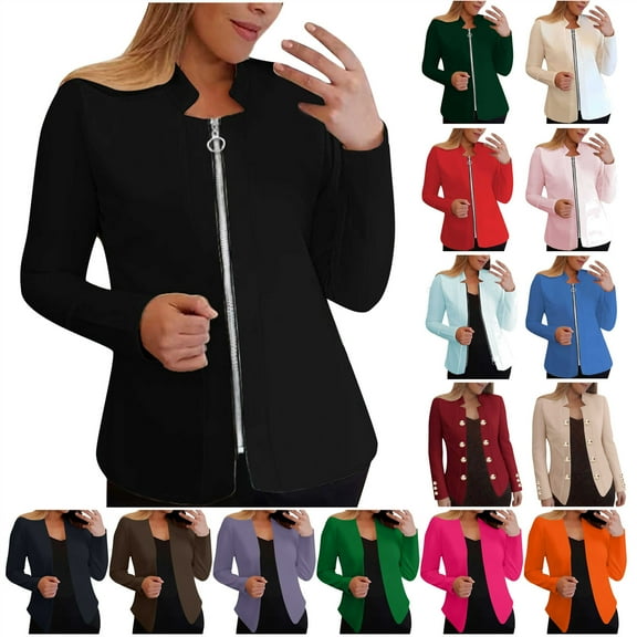 QATAINLAV Womens Plus Size Slim Fit Blazer Casual Zip Front Collarless Jacket Solid Bussiness Work Office Blazers Fall Suit Going Out Clothes, Blue, XXXL