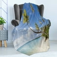 thumbnail image 4 of Fiji Soft Flannel Fleece Throw Blanket, Tropical Scene of Long Palm Leaves and the Beach, Cozy Plush for Indoor and Outdoor Use, 50" x 70", Azure Blue Olive Green, by Ambesonne, 4 of 5