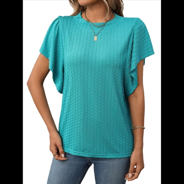 Camisas Formales Informales de Negocios para Mujer, Camisas de Verano, Mangas , Cuello Redondo, Mangas de Hoja de , Trajes 2025 Verde L