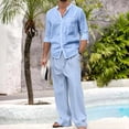 thumbnail image 2 of Men's 2 Piece Set Cotton Linen Long Sleeve Top With Elastic Waist Drawstring Pockets Casual Beach Lounge Set Solid Color Summer Vacation | Zenithor,Sky Blue 2XL, 2 of 9
