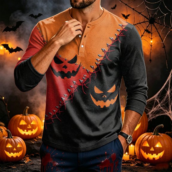 Domuza Mens Halloween Henley Shirts Novelty Horror Print Casual Long Sleeve Button Basic T Shirt Comfy Soft Classic Fit Pullover M