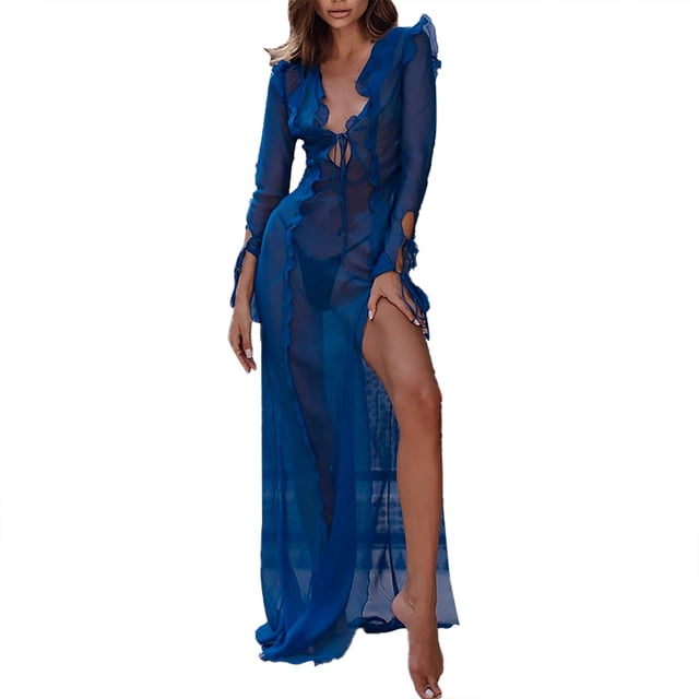 Femmes Robe Grande Taille Midi Robe Femmes Transparente et Belle Cravate V Cou Fente Été Robe Adulte Vêtements Féminins Bleu Taille S