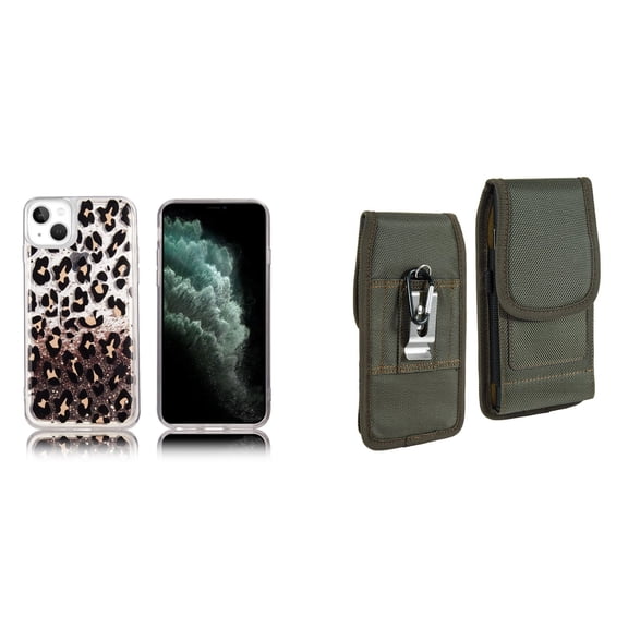 Liquid Glitter Case for iPhone 14 and Belt Holster Pouch (Leopard/Green)